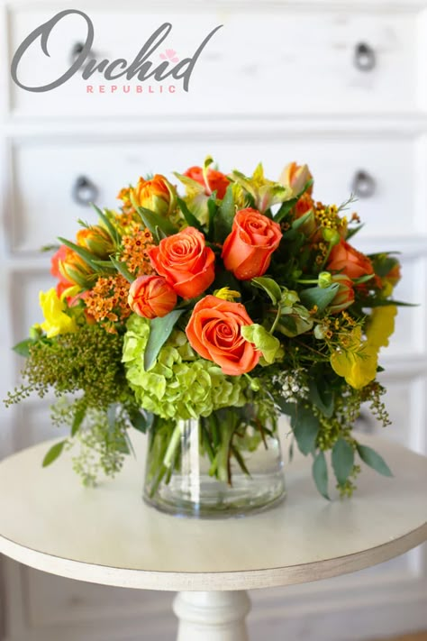 Toasted Tangerine - Floral Arrangements Delivery Orange Yellow Flower Arrangements, Yellow Orange Flower Arrangement, Yellow Flower Arrangements, Hydrangea Flower Arrangements, Green Clouds, Roses Orange, Small Flower Arrangements, Green Centerpieces, Get Well Flowers