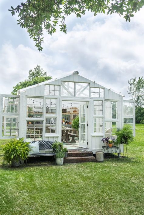 Old Windows to New Greenhouse - American Farmhouse Style Green House With Old Windows, Greenhouse Old Windows, Antique Greenhouse, Greenhouse Out Of Old Windows, Greenhouse Made From Old Windows, Old Window Greenhouse, Scandinavian Farmhouse Style, Window Greenhouse, Mini Studio