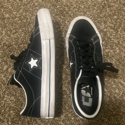 BLACK AND WHITE "ONE STAR PRO" CONVERSE One Star Shoe, Black One Star Converse, Black Star Converse, Converse One Star Aesthetic, Black Star Shoes, Low Converse Aesthetic, Converse Star Shoes, Converse One Star Pro Outfit, Star Shoes Aesthetic