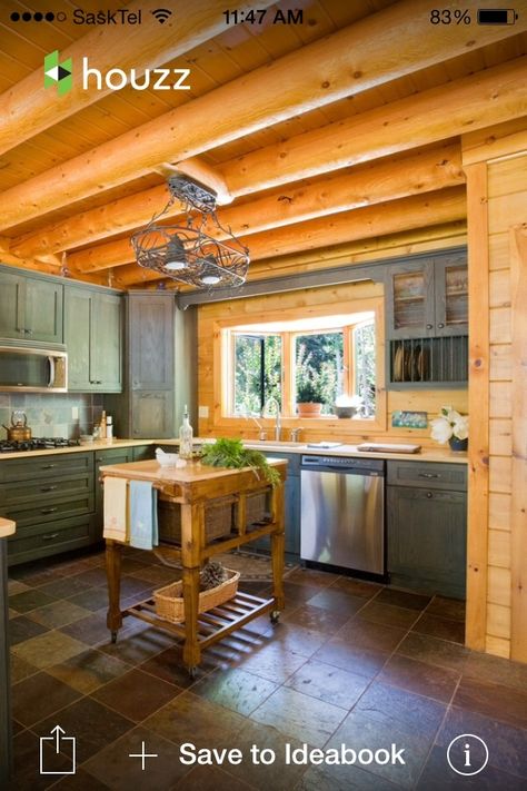 Grey with knotty pine Cabin Kitchen Cabinets, Modern Cabin Kitchen, Knotty Pine Kitchen, Log Cabin Kitchens, Log Home Kitchen, Log Cabin Kitchen, Log Home Kitchens, Cabin Remodel, Log Cabin Interior