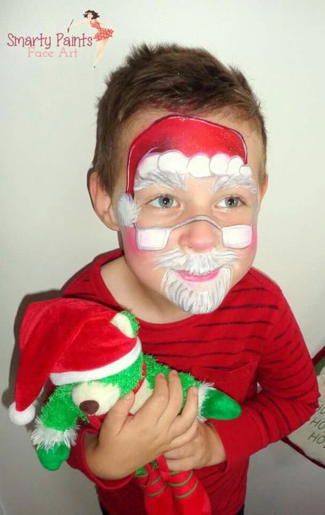 Cute Santa face paint Easy Christmas Face Painting For Kids, Santa Face Painting, Face Paint Ideas Christmas, Cute Christmas Face Paint, Santa Claus Face Painting, Kids Christmas Face Paint, Kid Face Painting Ideas, Xmas Face Paint, Xmas Face Painting Kids