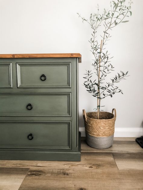 Sage Green Antique Dresser, Green Dresser Black Hardware, Sage Chalk Paint Furniture, Dark Chalk Paint Furniture, Sage Painted Dresser, Deep Green Dresser, Sage Green Chalk Paint Furniture, Bayberry Fusion Mineral Paint, Sage Green Bedroom Furniture