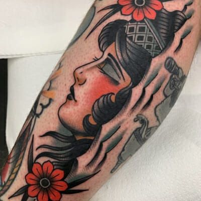 Head In Water Tattoo, Traditional Water Tattoo, Face In Water Tattoo, Traditional Lady Head Tattoo Side Profile, Lady In Water Tattoo, Old School Lady Head Tattoo, Traditional Female Head Tattoo, Traditional Womans Head Tattoo, American Traditional Horseshoe Tattoo