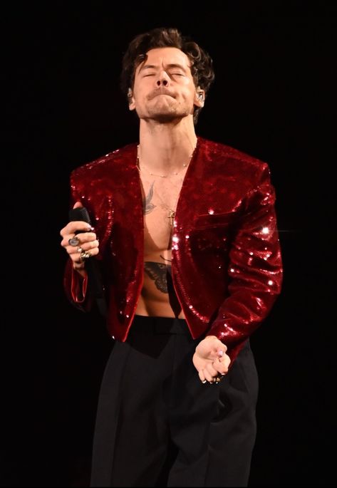 Harry Styles Red Outfit, Harry Styles In Red, Harry Styles Red Aesthetic, Colour Wall, The Brits, Harry Styles Aesthetic, Dirty Thirty, O2 Arena, Photo Montage