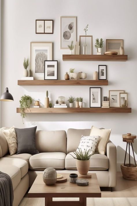 21 Top Living Room Shelves 2024: Stylish & Functional Design Ideas - placeideal.com Floating Wall Shelves Design Living Room, Displaying Pictures On Shelves, Ideas For Wall Shelves, Styling A Ledge Shelf, Photo Shelf Living Room, Floating Picture Shelves Living Room, 5 Floating Shelves Arrangement, 2 Shelf Decor Living Room, Living Room Inspiration Shelves