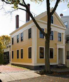 Greek Revival Cottage | Greek Revival Greek Revival Home Exterior, New England Exterior, Yellow House Exterior, Modern Exterior Design, Greek Revival Architecture, Colonial House Exteriors, Greek Revival Home, Colonial Exterior, Exterior House Color