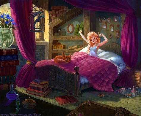 ArtStation - Magic Morning, Maria Trepalina Magic Morning, Witch Room, Magical Art, Dreamy Art, Girls Cartoon Art, Digital Art Girl, Girly Art, Girl Drawing