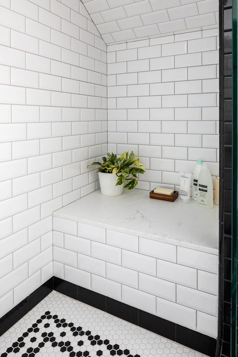 Quartz shower bench, white beveled subway tile and small hex tile pattern | Model Remodel, Seattle, WA © Cindy Apple Photography White Beveled Subway Tile Shower Ideas, Subway Tile Shower Bench, Subway Tile Shower With Bench, Shower Bench Ideas Built Ins, Shower With Bench, Subway Tile Shower Designs, White Shower Tile, White Beveled Subway Tile, White Subway Tile Shower