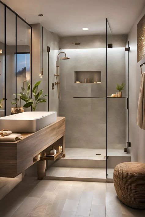 23 Brilliant Small Full Bathroom Ideas for Urban Living - RectifyHome En Suite Wet Room Ideas, Japanese Shower Design, Stand Up Shower Bathroom Ideas, Spa Looking Bathroom Ideas, Small Natural Bathroom, Rainfall Shower Ideas, Walk In Shower Room, Small Bathroom Design Layout, Condo Interior Design Luxury