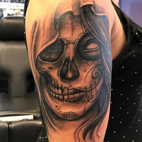 Human Tattoo, Day Of The Dead Tattoos, Skull Face Tattoo, Lone Wolf Tattoo, Aztec Tattoos Sleeve, Tattoos Back, Aztec Tattoos, Wolf Tattoo Sleeve, Half Skull