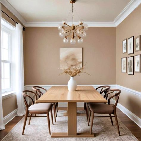 Dining Room Wall Colour Ideas, Tan Dining Room Walls, Dining Room Terracotta, Earth Tones Dining Room, Kitchen Dining Room Paint Colors, Light Brown Dining Room, Popular Dining Room Colors, Tan Dining Room, Taupe Dining Room