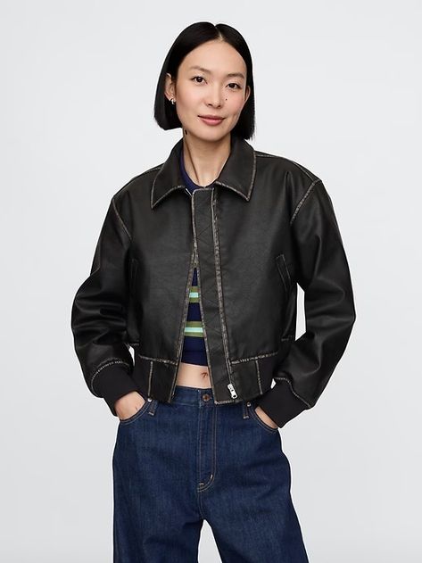 Vegan Leather Bomber Jacket | Gap Leather Jacket Outfits Women, Crop Leather Jacket, Womens Cropped Jacket, 2024 Wishlist, Cropped Leather Jacket, Zipper Jacket, Crop Jacket, Recycled Materials, Outerwear Jackets