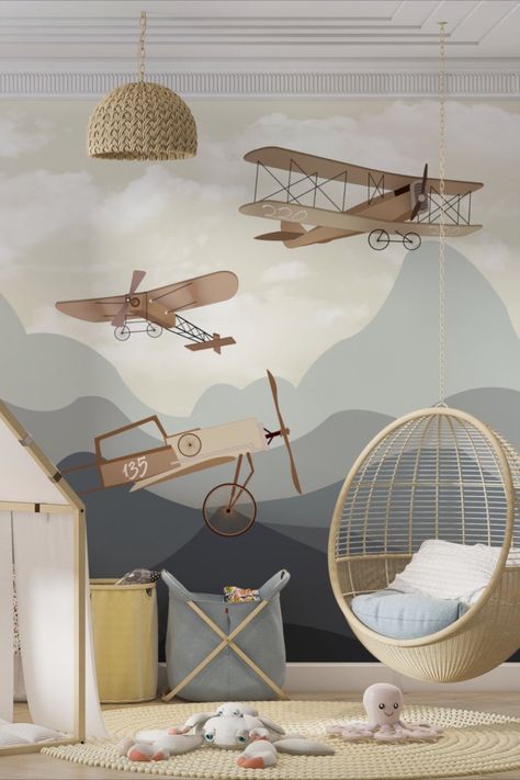 Aeroplane Bedroom, Airplane Themed Bedroom, Peel And Stick Wallpaper Kids, Wallpaper Boys Room, Kids Accent Wall, Earth Color Palette, Airplane In The Sky, Airplane Boys Room, The Sky Wallpaper