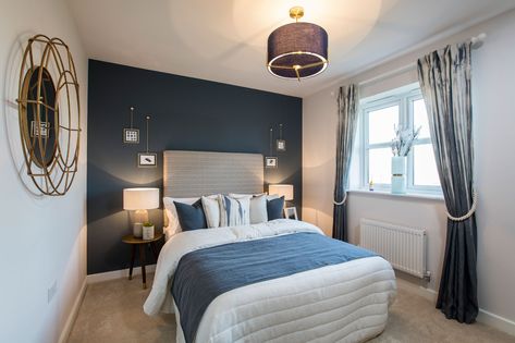 Blue Feature Wall Bedroom, Navy Bedroom Walls, Blue Feature Wall, Bloor Homes, Navy Bedrooms, Blue Bedroom Walls, Dark Blue Bedrooms, Blue Bedroom Design, Feature Wall Bedroom