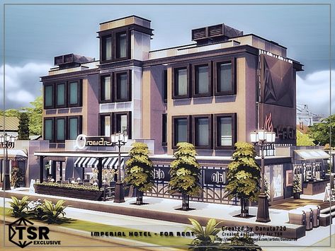 The Sims Resource - Imperial Hotel - For Rent Sims 4 Hotel, The Sims 4 Lots, Imperial Hotel, Restaurant Service, Small Cafe, Hotel Building, Sims House, Sims 4 Clothing, Electronic Art