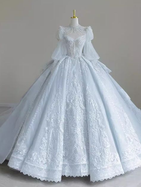 Ball Gown Wedding Dresses Long for Bride 2025 Ariel Wedding Dress Inspired, Ball Gown Wedding Dress With Puffy Sleeves, Ballgown Wedding Dress With Puffy Sleeves, Ice Wedding Dress, Ball Wedding Dresses Gown, Poofy Wedding Dresses, Ball Gowns Blue, Sky Blue Ball Gown, Ballroom Wedding Dress