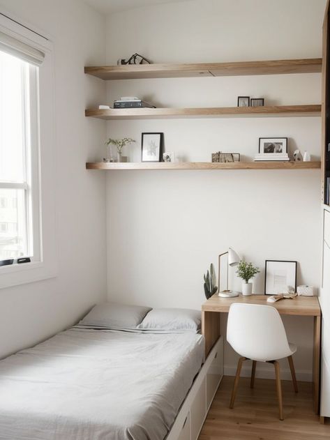 Create a minimalist and clutter-free look in your small bedroom by opting for a sleek platform bed with hidden storage. Pair it with floating shelves and a wall-mounted desk for a functional and stylish space. Bed With Hidden Storage, Small Bedroom Solutions, Bedroom Solutions, Wall Mounted Desk, Hidden Storage, Clutter Free, Small Bedroom, Platform Bed, Bedroom Interior