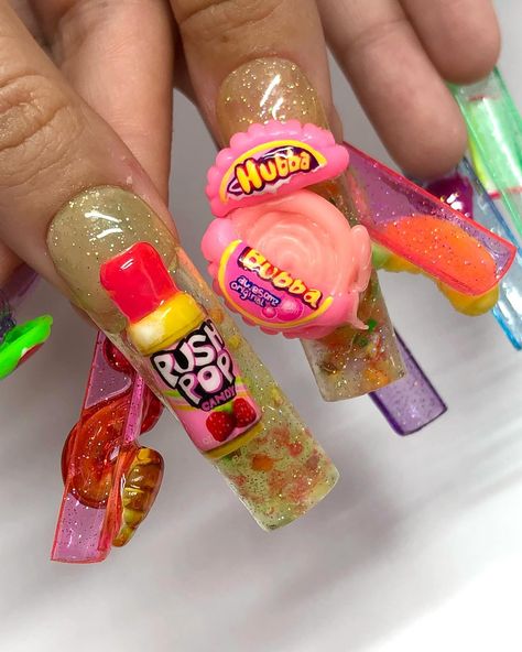 Long Candy Nails, Candy Nails Designs 3d, Candy Theme Nails, Candy Junk Nails, Candy Charms On Nails, Candy Nails Designs, Candy Nail Art, Push Pop Candy, Food Nails