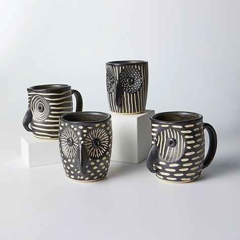 Owl Mugs by Larry Halvorsen (Ceramic Mug) Handmade Ceramic Mugs Unique, Owl Ceramic Pottery, Sgraffito Ceramics, Owl Mugs, Owl Pottery, Earthy Ceramics, Ceramics Pottery Mugs, Pottery Patterns, Pumpkin Mug