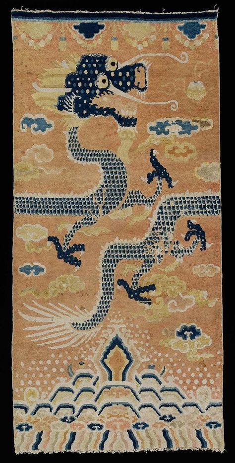 Made in China during the late 19th century/Qing dynasty. Rug located at the Museum of Fine Arts in Boston... Vertically orientated with mountain and water border at bottom and valence of tassels across top... Wool pile on cotton plain-weave ground. motifs: dragon, slight fretwork for scales, some blank space, pictorical quality, curvy lined clouds Tiger Rugs, Chinese Textiles, Dragon Rug, Tibetan Dragon, Chinese Arts And Crafts, Chinese Rugs, Dragon Motif, Tiger Rug, Tibetan Rugs