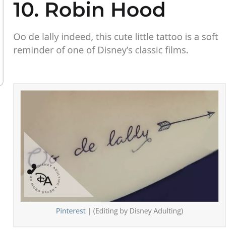 Tattoo Oo De Lally, Robin Hood Tattoo, Cute Little Tattoos, Little Tattoos, Robin Hood, Classic Films, Tattoos, 10 Things