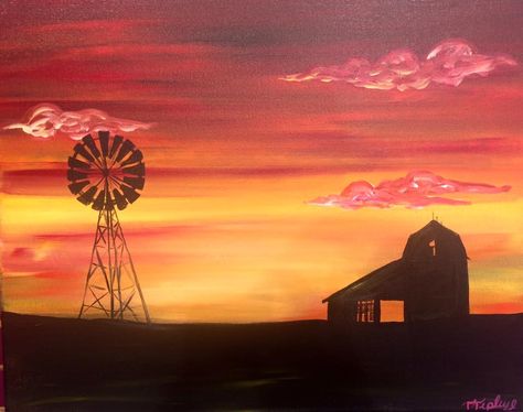 Country Sunset Windmill Sunset Painting, Country Sunset Painting, Sunset Farm Painting, Western Sunset Painting, Farm Painting Ideas, Easy Farm Paintings, Iowa Painting, Farmer Tattoo, Windmill Drawing