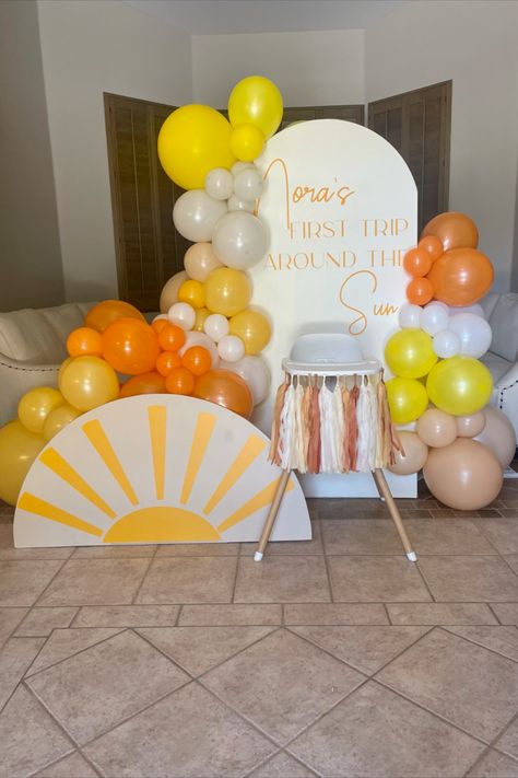 First trip around the sun first birthday party theme 6ft white arch and small accent arch with custom vinyl and balloon kit Sun First Birthday Party, Sunshine Baby Shower Theme, Around The Sun First Birthday, Sunshine Birthday Theme, Sun First Birthday, Bee Themed Birthday Party, Sunshine First Birthday, Decoration Buffet, White Arch