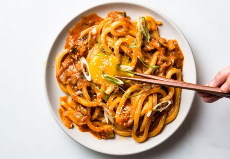 Kimchi Udon, Gochujang Recipe, Sesame Seeds Recipes, Udon Recipe, Scallions Recipes, Kimchi Recipe, Udon Noodles, Low Sodium Chicken Broth, Egg Yolks