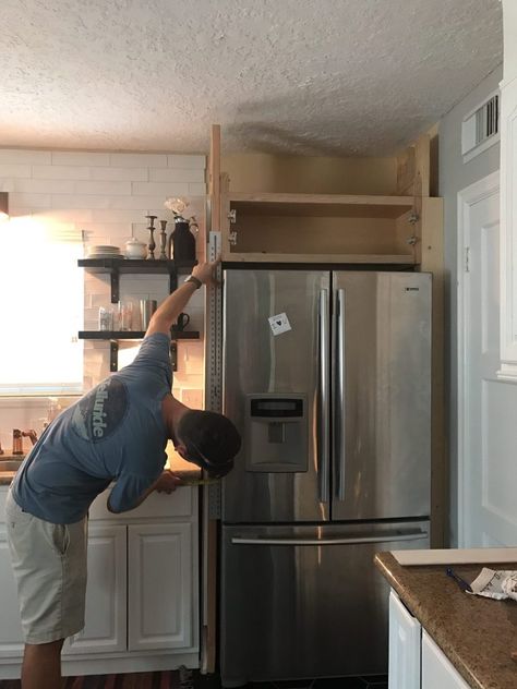 Open Cupboard Above Fridge, Kitchen Fridge Freezer Ideas, Enclosing Fridge, Fridge By Doorway, Fridge In Alcove, Awkward Space Above Fridge, Above Fridge Ideas Open Shelves, Pantry Cupboard Next To Fridge, Storage Above The Fridge