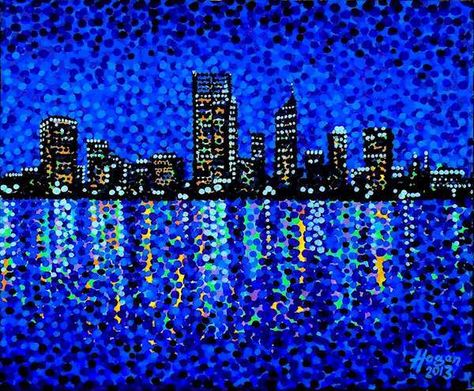 Elementary Painting, Pointalism Art, Small Cities, Stippling Art, Creation Art, Tall Buildings, Making Stuff, Blue Art Prints, Sydney Harbour