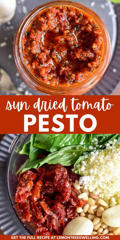 Sun Dried Tomato Pesto is a delicious twist on traditional pesto. Made with just a handful of ingredients, it comes together quickly and adds the most amazing flavor to your favorite pasta, pizza, sandwiches, and more! Turkey Medallions, Pesto Ingredients, Sun Dried Tomato Pesto, Lemon Tree Dwelling, Sundried Tomato Pesto, Lemon Pesto, Red Pesto, Sundried Tomato, Tomato Pesto