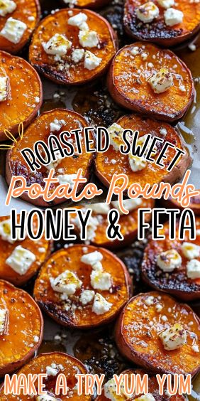 Roasted Sweet Potato Rounds with Honey & Feta Roasted Honey Sweet Potatoes, Roasted Sweet Potatoes With Honey And Feta, Spiced Roasted Sweet Potatoes With Honey Whipped Goat Cheese, Sweet Potato Rounds With Honey And Feta, Healthy Recipe With Sweet Potato, Feta And Sweet Potato, Sweet Potato Hot Honey, Baked Sweet Potato Stuffed, Roasted Sweet Potato Rounds With Feta