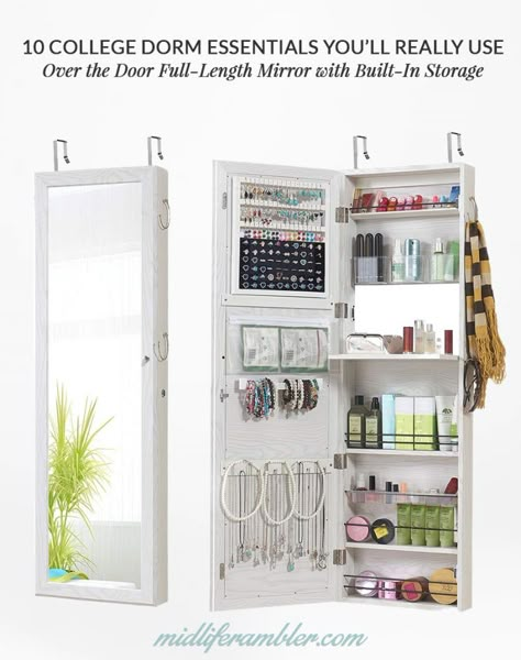 You guys, how amazing is this over the door cabinet with full length mirror? Dorm rooms just don't seem to understand that people want to see their whole outfit from time to time and this mirror easily hangs on the door so it doesn't take up additional space AND provides tons of storage. Mirror Armoire, College Dorm Room Organization, Dorm Room Checklist, Over The Door Mirror, Mirrored Armoire, Armoire Cabinet, Dorm Bathroom, College Dorm Ideas, Dorm Room Storage