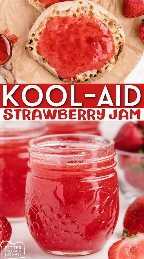 Kool-Aid Strawberry Jam made with strawberries, pectin, water, sugar and strawberry Kool-Aid. Perfectly sweet homemade strawberry jam with the best strawberry flavor! Spiced Peach Jam, Kool Aid Flavors, Strawberry Recipes Easy, Indulgent Recipes, Blackberry Jam Recipes, Holidays 2023, Strawberry Jam Recipe, Jam Recipes Homemade, Homemade Strawberry Jam