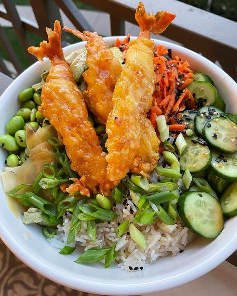 Tempura Shrimp Sushi Bowl, Tempura Shrimp Bowl, Tempura Shrimp Recipe, Tempura Bowl, Shrimp Cauliflower Rice, Shrimp Sushi Bowl, Shrimp Cauliflower, Shelled Edamame, Tempura Prawns