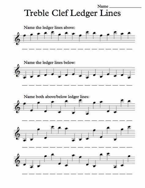 Treble Clef Ledger Lines – Worksheet Treble Clef Notes, Lines Worksheet, Piano Worksheets, Teaching Music Theory, Learning Music Notes, Free Music Worksheets, Bass Clef Notes, Music Theory Worksheets, Music Teaching Resources