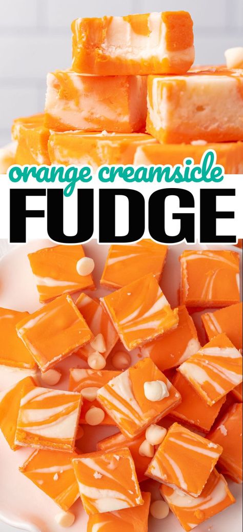 Orange Creamsicle Fudge is loaded with creamy white chocolate & bright orange flavor. It takes less than 5 minutes to whip up and is SO good! #RealHousemoms #creamsiclefudge #fudge #orange #creamsicle #whitechocolate #frosting #dessert #christmas #easter #kidsdessert Orange Creamsicle Fudge, Creamsicle Fudge, Dessert Christmas, Orange Dessert, How To Make Orange, Orange Dreamsicle, Kid Desserts, Candy Recipes Homemade, Orange Creamsicle