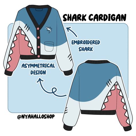 Shark cardigan 🦈 interest check! finally it’s cardigan & jacket season. I thought I was gonna miss summer but my area got cold and now it got randomly hot and I hate it!!! 🥵 I love hot weather but only in the summer, not fall! #shark #sharkweek #sharkattack #sharklover #fashiondesigner #fashiondesign #smallbusinessowner #indiedesigner #altfashion #alternativefashion #artistsoninstagram Hxh Crochet, Shark Sewing, Shark Clothes, Whimsical Goth, Goth Kawaii, Digital Dress, Interesting Outfits, Star Clothing, Diy Clothes Design