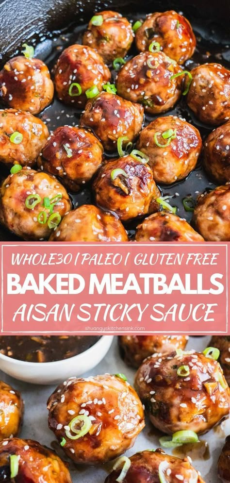 Sticky Asian Meatballs, Sticky Asian Sauce, Whole 30 Meatballs, Asian Meatballs, Baked Meatballs, Whole30 Dinners, Takeout Food, Asian Sauce, Chinese Takeout