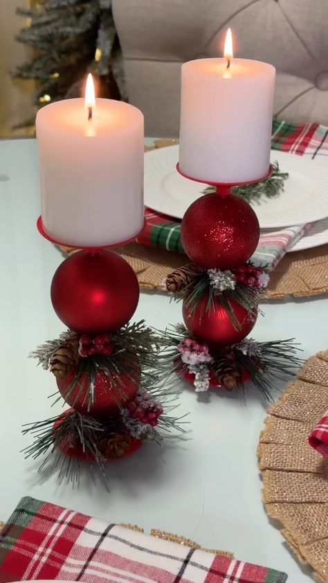 Christmas candle holder DIY | Instagram Diy Candels, Christmas Candle Holders Diy, Candle Holder Diy, Christmas Candle Holder, Christmas Decorations Diy Crafts, Christmas Candle Decorations, Christmas Centerpieces Diy, Diy Candle Holders, Christmas Candle Holders