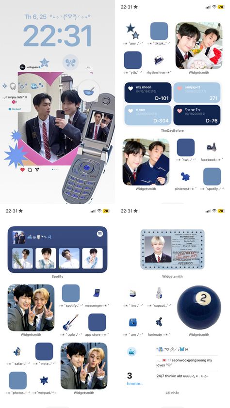 Blue Phone Homescreen, Apple Watch Wallpaper Kpop, Phone Layout Ideas Kpop, Kpop Widget Ideas, Blue Phone Layout, Kpop Phone Theme, Kpop Homescreen Layout, Kpop Homescreen, Kpop Widget