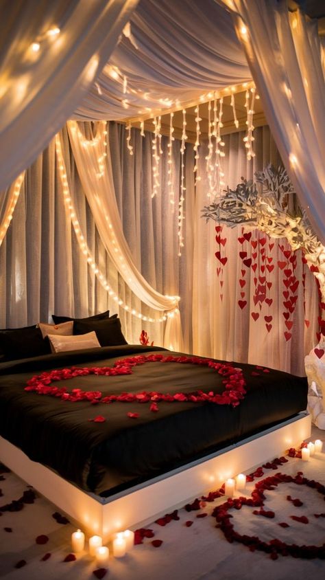 Bed With Roses Petals Romantic, Valentines Day Bedroom, Wedding Night Ideas, Hanging Lights Ideas, Wedding Night Room, Romantic Decorating Ideas, Romantic Bedroom Decor Ideas, Wedding Night Room Decorations, Romantic Bedding