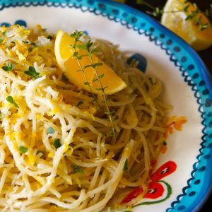 Meyer Lemon Spaghetti with Thyme | Cooking On The Weekends Lemon Flan Recipe, Lemon Flan, Lemon Pasta Sauce, Unique Pasta Recipes, Pasta With Lemon Sauce, Meyer Lemon Recipes, Unique Pasta, Lemon Spaghetti, Light Pasta