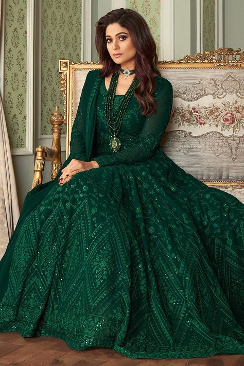 Buy Bottle Green Embroidered Anarkali Suit Online | Like A Diva Long Anarkali Dress, Wedding Anarkali, Lehenga Choli Latest, Shamita Shetty, Green Anarkali, Floor Length Anarkali, Long Anarkali, Gown Suit, Latest Dress Design