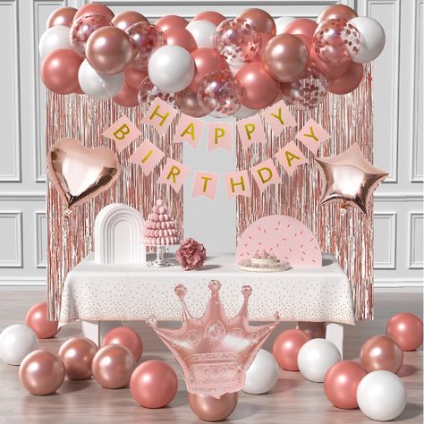 PRICES MAY VARY. Rose Gold Birthday Party Decoration Pack:15pcs metallic rose gold balloons,10pcs rose gold balloons,10pcs white balloons,8pcs rose gold confetti balloons,2pcs Fringe Curtains, happy birthday banner,1pcs queen foil balloons,2pcs 18inch star ballloons and love balloons,3pcs balloon glues and 1 roll chain; Premium Latex Balloons:The rose gold white balloon arch kit is made of high quality latex ,safe, durable and non-toxic,and can be used safely around children Please do not inflat Teen Birthday Parties, Gold White Balloons, Rose Gold Birthday Party Decorations, Tablecloth Decorations, Hosting Inspiration, Rose Gold Birthday Party, Gold Birthday Party Decorations, Balloons Happy Birthday, Gold Birthday Decorations