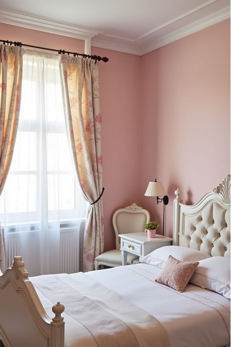 Romantic French country bedroom with blush pink walls and ornate decor Pink Walls White Furniture Bedroom, Pink And White Bedroom Walls, Pink Romantic Bedroom, Paint Colors For Bedroom, Bedroom French Country, French Country Paint Colors, Romantic Bedroom Colors, Colors For Bedroom, Country Paint Colors