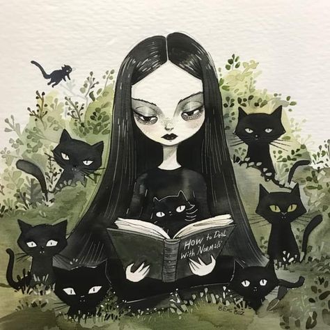 Gothic Cat Drawing, Goth Art Wallpaper, Cat And Girl Illustration, Gothic Books Aesthetic, Witch Aesthetic Drawing, Cat Book Illustration, Witches Cartoon, Goth Illustration, Witchy Illustration