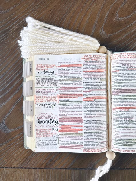 Bible journal open flat on wood table with fluffy bookmark, aesthetic lettering and highlighters. Luke 5 Bible Journaling, Luke 1 Bible Notes, Luke 4 Bible Journaling, Luke Chapter 1 Bible Journaling, Luke 2 Bible Journaling, Luke 1 Bible Journaling, Bible Study Luke, Luke Bible Journaling, Luke Bible Study