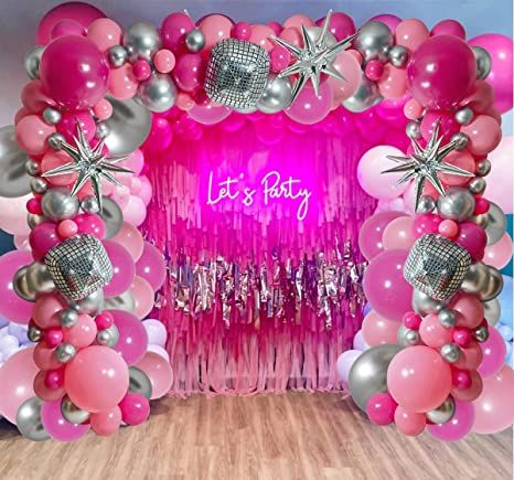 Hot Pink Birthday Decorations, Pink Graduation Party, 40th Birthday Themes, Pink Birthday Decorations, Hot Pink Birthday, Pink Party Theme, Star Balloons, 17th Birthday Ideas, Disco Birthday Party