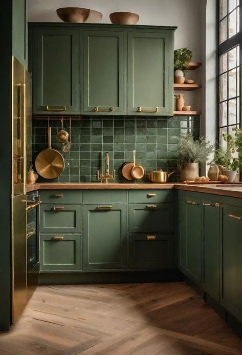 Shower SavvyExpert Tips and Tricks for the Perfect Bathroom Oasis Green And Gold Interior Design, Black Green Kitchen, Green And Gold Kitchen, Kitchen Cupboard Ideas, Green Kitchen Backsplash, Double Bunk Bed, Modern Kitchen Cupboards, Green Kitchen Walls, Tuscan Interior